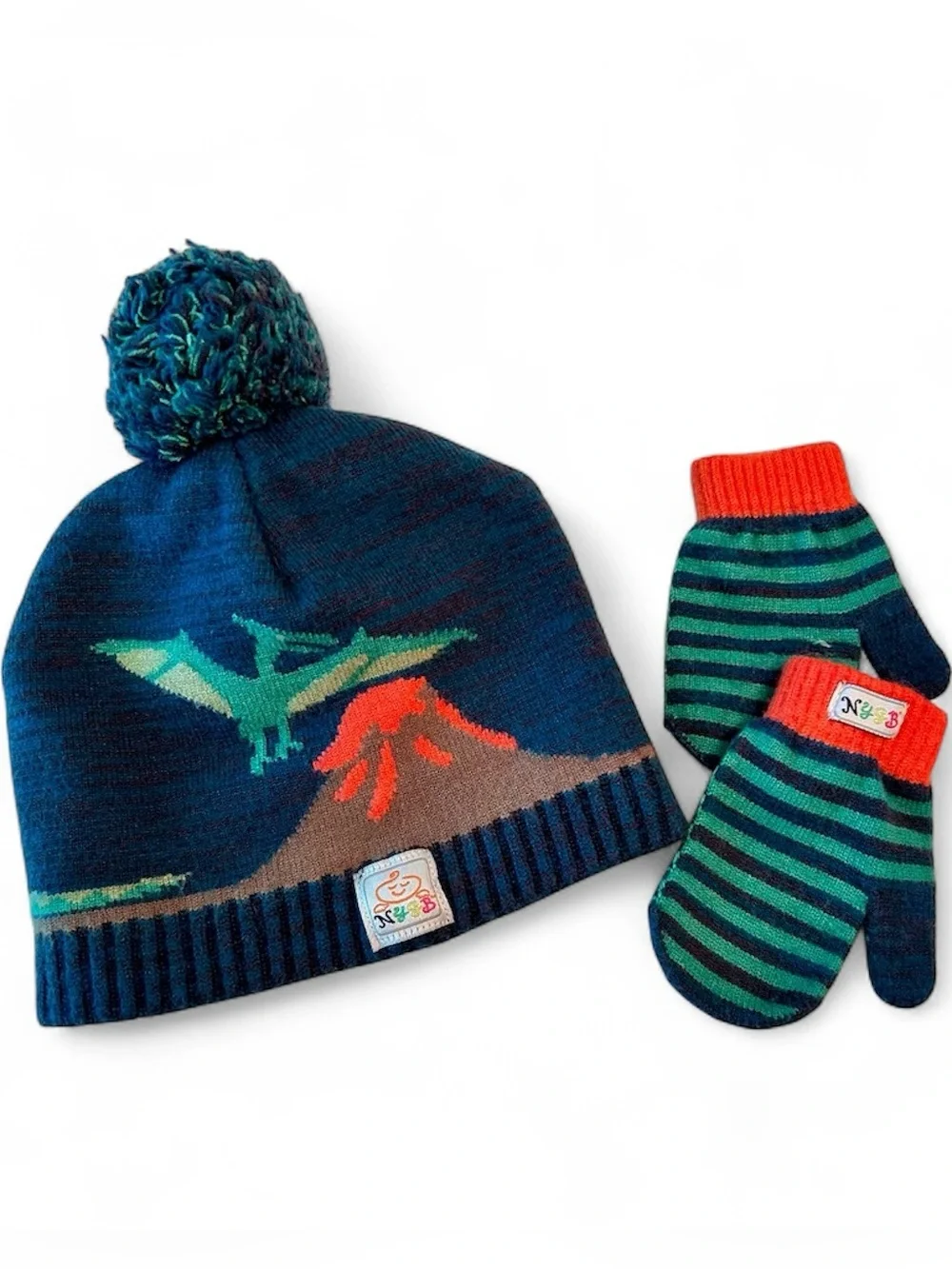 Baby Toddler Dinosaur Winter Pom-Pom Beanie Hat & Matching Mittens Set Soft Warm